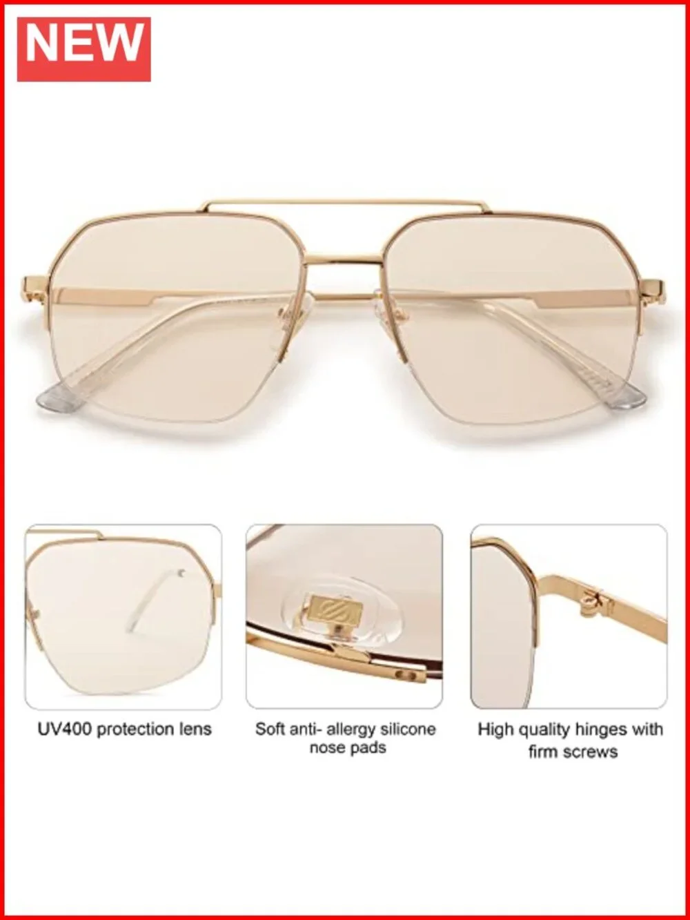 Trendy Aviator Sunglasses Double Bridge Semi-Rimless Metal Frame UV Protection